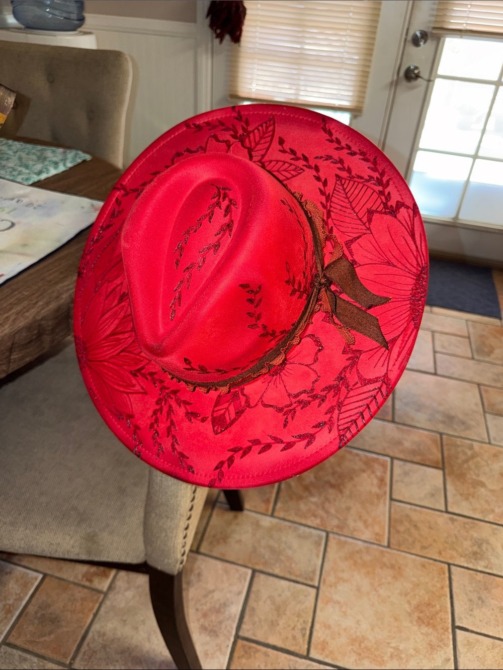 Red Embroidered Floral Felt Fedora with Brown Band